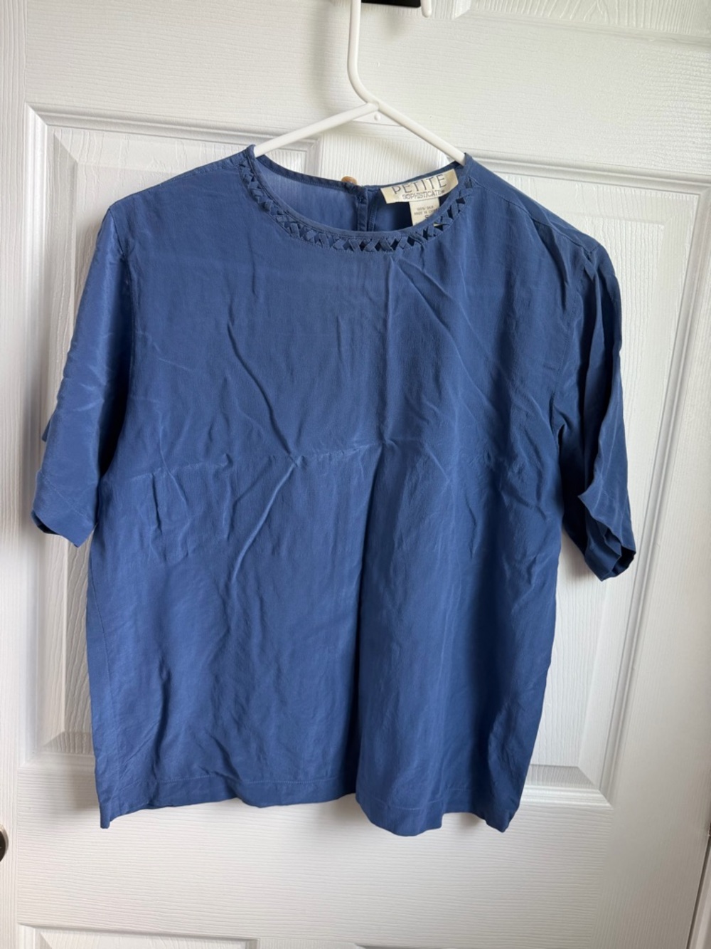 Sophisticate Petite Blue Silk Blouse with Cutout Neck Trim